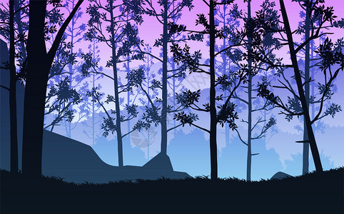 漫画日出和落晚夕树木山丘的浅影树木和山丘的背影风日月亮和落时的花边壁纸说明矢量风格暮黎图片