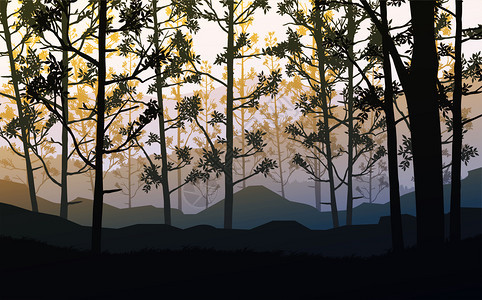 日出和落晚夕树木山丘的浅影树木和山丘的背影风日月亮和落时的花边壁纸说明矢量风格蓝色的墙纸晚上图片