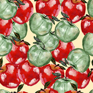 墙纸绿色和红手绘苹果无缝图案重复苹果和叶子水背景用于设计织物印刷纺品壁纸海报绿色和红手绘苹果无缝图案包装成熟图片