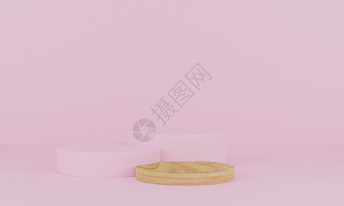 3d以粉红背景的Peestal或平台展示产品模拟化妆品时用几何木质讲台绘制简易场景为了地面粉色的背景图片