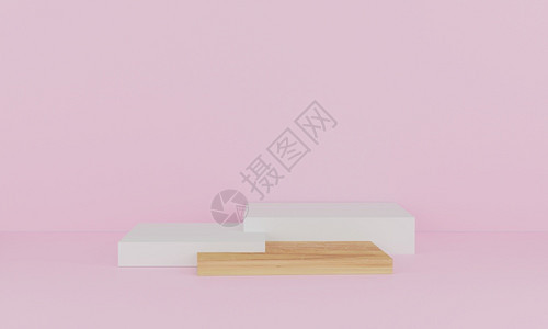 团体艺术3d以粉红背景的Peestal或平台展示产品模拟化妆品时用几何木质讲台绘制简易场景目的背景图片