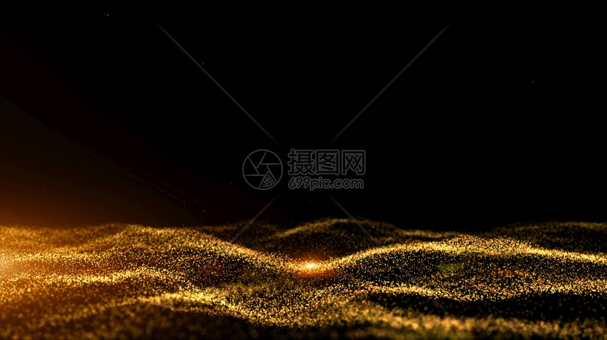 数字网络空间远期金色粒子波以bokeh和光线点连接抽象背景进行流动美丽波浪状的联系图片