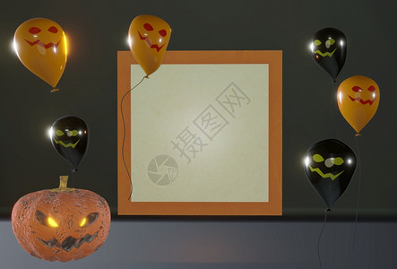传单3d表示假日装饰和政党概念恐怖万圣节黑色和橙气球环绕白板文字空间使成为目的图片