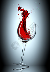 透明降低水晶蓝色背景上有玻璃红色葡萄酒喷洒3D插图图片