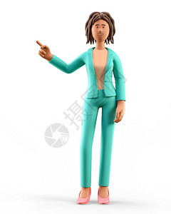企业家商3D说明非洲女站立妇指向方的三维插图画像卡通微笑着优雅的女商人穿着绿色西装孤立在白色背景上快乐的图片