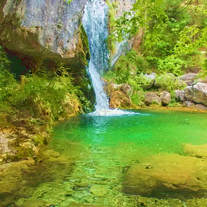 水池希腊奥林匹斯山的瀑布希腊奥林匹斯山的森瀑布绘画效果绿色落下图片