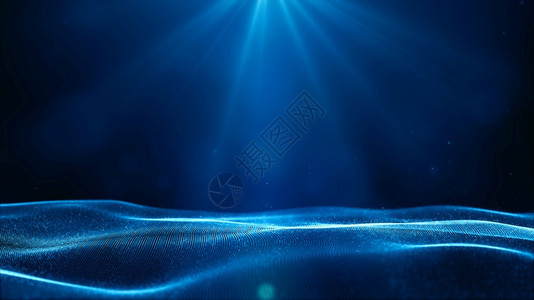 溪流数字网络空间远期蓝色粒子波带有bokeh和光线点连接抽象背景网格联系图片