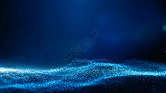 海浪数字网络空间远期蓝色粒子波带有bokeh和光线点连接抽象背景未来线条图片