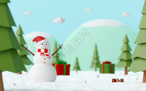 喜悦圣诞快乐和新年松林中的雪人风景与圣诞礼物一起在雪地上庆祝3D铸造渲染明信片图片