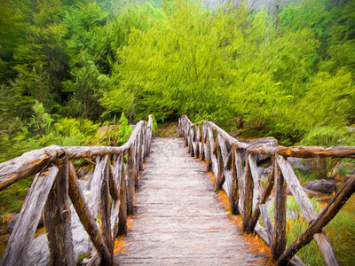季节希腊奥林匹斯山脉上一条河流的木环桥油漆效应欧洲旅行图片