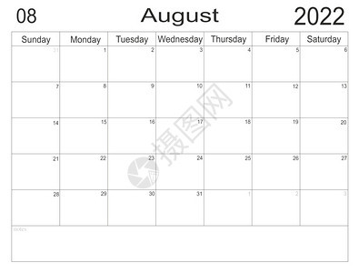 日历20年8月日程表在纸张背景上带有空白注释的待办事项列表计划者月的空单元格月度组织者日历年周开始20约定桌子字母图片