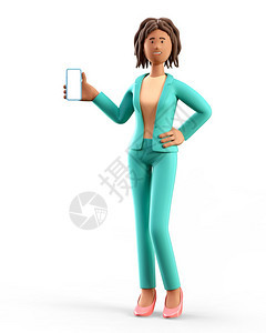 非洲裔3D插图非洲女持智能手机在空白屏幕上露脸的站立女Cartoon微笑着优雅的女商人用手对着电话指却孤立在白背景上广告启动图片