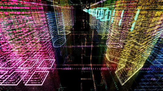 二进制抽象的世界3D在计算机系统中将抽象虚拟城市转换成全象3D大数据字城市大楼并配有二元代码粒子网络图片