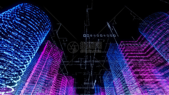 抽象的3D在计算机系统中将抽象虚拟城市转换成全象3D大数据字城市大楼并配有二元代码粒子网络互联艾图片