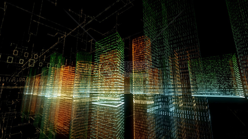 3D在计算机系统中将抽象虚拟城市转换成全象3D大数据字城市大楼并配有二元代码粒子网络一种未来派建筑物图片