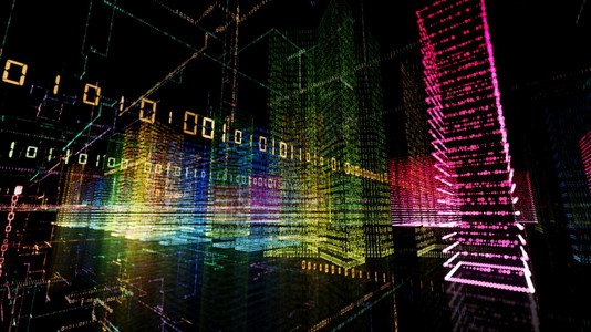 城市的艾矩阵3D在计算机系统中将抽象虚拟城市转换成全象3D大数据字城市大楼并配有二元代码粒子网络图片