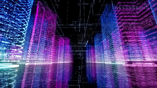 3D在计算机系统中将抽象虚拟城市转换成全象3D大数据字城市大楼并配有二元代码粒子网络未来派空间现代的图片