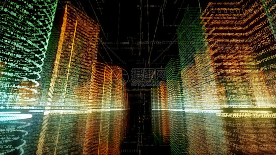全息图安技术3D在计算机系统中将抽象虚拟城市转换成全象3D大数据字城市大楼并配有二元代码粒子网络图片