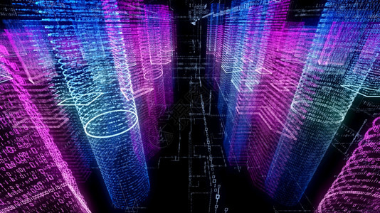 金融的3D在计算机系统中将抽象虚拟城市转换成全象3D大数据字城市大楼并配有二元代码粒子网络渲染安全图片