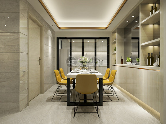 奢华酒吧3D提供黄色椅子和有餐桌的豪华厨房公寓图片
