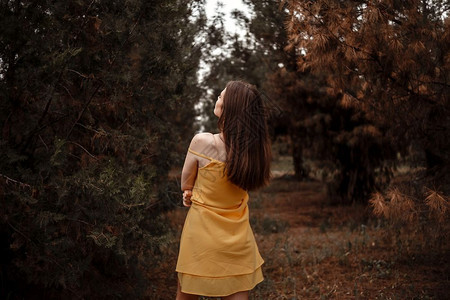 穿着黄色裙子的年轻美女肖像带着彩色围巾在雨中森林里换衣服浪漫的女黄色图片