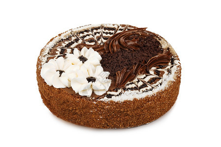 糕点花朵浆果巧克力蛋糕装饰着鲜奶油花在白色背景上隔绝图片