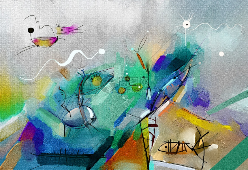 彩画儿童绘风格在景中的树木鸟鱼男童和马的半抽油漆春地夏季自然背景画儿童绘风格行星艺术快乐的图片