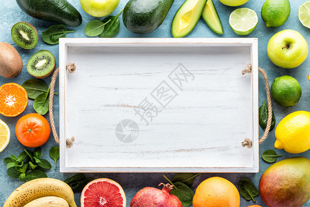 干净的不同选择多汁有机热带水果超食物健康饮概念文字空白框格的顶部视图自由空白的图片