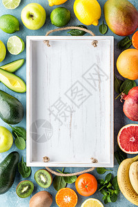 不同选择的多汁有机热带水果超食物健康饮概念文字空白框格的顶部视图超级食物成熟框架图片