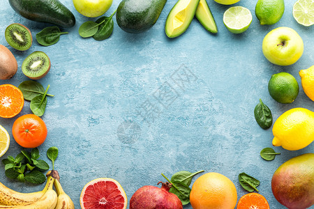 麸质维他命不同选择的多汁有机热带水果超食物健康饮概念文字空白框格的顶部视图有机图片