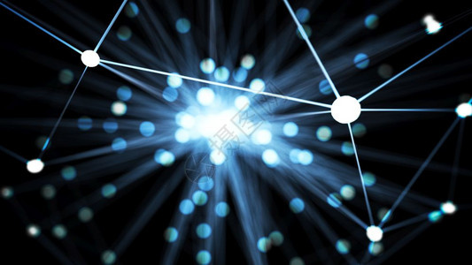 三角形蓝色的发光未来技术网络节点摘要蓝色远期技术网络有线数据传输路连接和通信结构概念中子和电主题要素3D插图以示图片