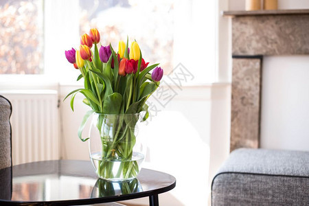 五颜六色的郁金香花客厅桌子上的各种颜色浅背景上的四月概念五颜六色的郁金香花四月的概念春天图片