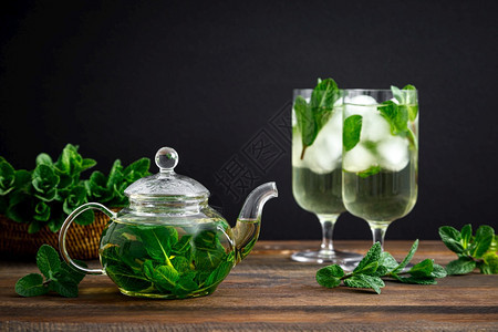浸泡薄荷茶在玻璃杯中清新草药饮料里面有冰和深底的新鲜叶子鸡尾酒缩合寒冷的图片