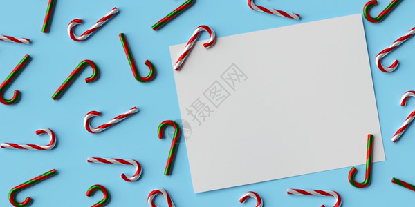 使成为问候树以圣诞糖果甘蔗为蓝背景的白皮书模型3d插图图片