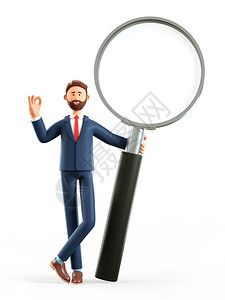 专业知识三维3D插图可爱笑的男人拿着巨型放大镜举起一个好手势卡通胡子的探险生意人带好牌子和大放器调查探索图片