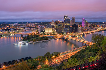 城市的日落从美国宾夕法尼亚州匹兹堡市中心DuquesneIncline顶端的匹兹堡市中心景象华盛顿山天际线图片