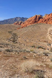 风景优美蓝色的公园观察Mojave沙漠红岩峡谷的干地和红岩形成情况图片