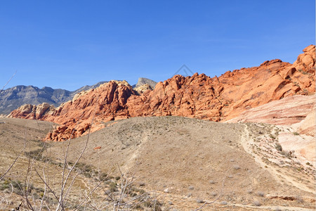 自然观察Mojave沙漠红岩峡谷的干地和红岩形成情况色的场景图片