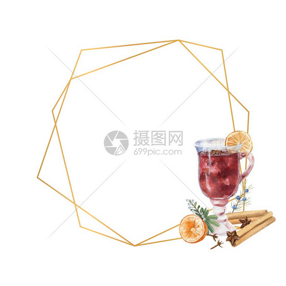 肉桂明信片几何金板配有一杯甜葡萄酒柠檬和冬季dcorcor水彩色插图几何金板配有水彩色一杯混合葡萄酒柠檬和冬季dcr华丽的图片