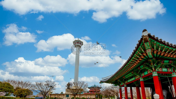 市中心釜山塔天空背景布满南朝鲜釜山市永都公园美丽的地标建造天线图片