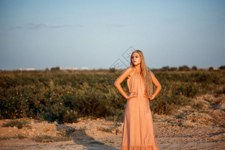 金发女郎一位年轻美丽的白人金发女肖像穿着粉红裙子在荒野中面对日落吸引人的年轻图片