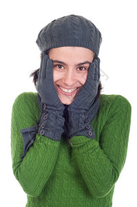 可爱的冬季妇女肖像上面有围巾手套和帽子白本孤立女士华丽的年轻图片