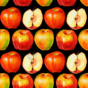 秋天黑色背景中分离的苹果整个成熟的水果和一半带有肉种子手绘苹果用于食品包装纺织的设计黑色背景中分离的苹果饮食自然图片