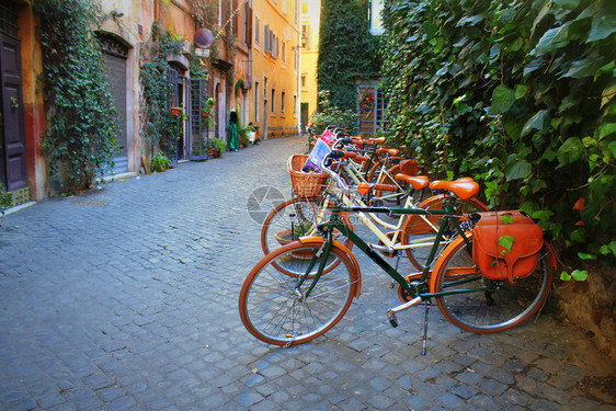 经典的古董欧洲ITALY2018年月日骑自行车站在罗马旧街店前图片
