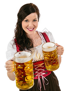 成人照片上一位美丽的女服务员身着传统迪恩德尔Dirndl少女装慕尼黑啤酒节背景图片