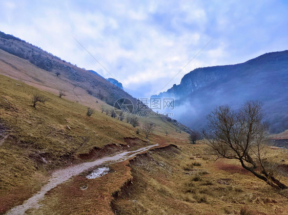 从特兰西瓦尼亚的阿普塞山脉以雾般的白昼风景在Turzii峡谷中起伏结石坏的有雾图片