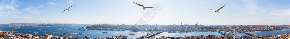 拉式纸筒满的伊斯坦布尔金角湾全景著名点土耳其伊斯坦布尔金角湾土耳其城市景观假期背景