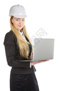 漂亮的无线女士带笔记本电脑的工程女师在白色上被隔离图片