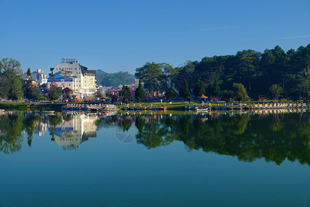 在越南大拉特市XuanHuong湖地表水上漂浮的一群鸭子渔船乘天鹅通过踏板在湖上放松夏季旅行时户外体育活动愉快假期旅游夏天图片