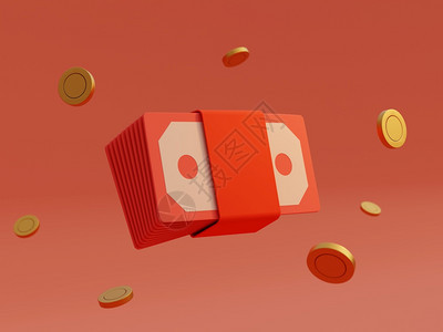 彩票银行钞红信袋包和金硬币以孤立的背景为商业金融比赛奖得主3D概念图解信封投资图片